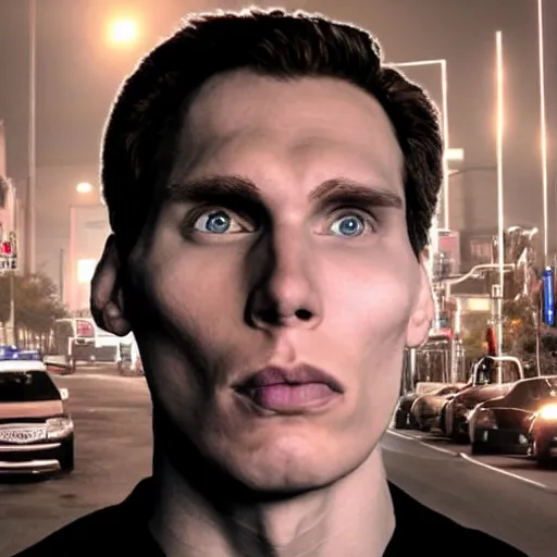 Prompt: jerma staring threateningly at the camera, hyper realistic, photography, centered, police lights in the background