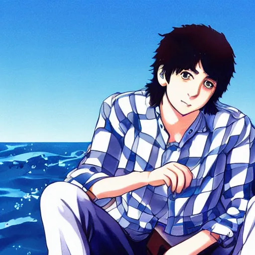 Image similar to anime illustration of young Paul McCartney from the Beatles, wearing a blue and white check shirt and watch, relaxing on a yacht at sea, ufotable