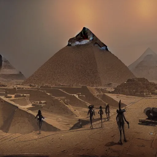 Image similar to the aliens building the pyramids, mysterious, ominous, eerie, craig mullins