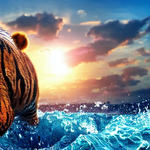 Image similar to a closeup photorealistic photograph of a cute smiling knitted tiger hippopotamus chasing a beachball at sunset. surf in the background. professional capture. this 4 k hd image is trending on artstation, featured on behance, well - rendered, extra crisp, features intricate detail, epic composition and the style of unreal engine.