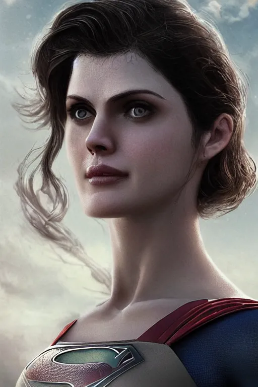 Image similar to a fancy close up of Man of Steel cast as Alexandra Daddario by Greg Rutkowski, Sung Choi, Mitchell Mohrhauser, Maciej Kuciara, Johnson Ting, Maxim Verehin, Peter Konig, 8k photorealistic, cinematic lighting, HD, high details, dramatic, trending on artstation, full body shot