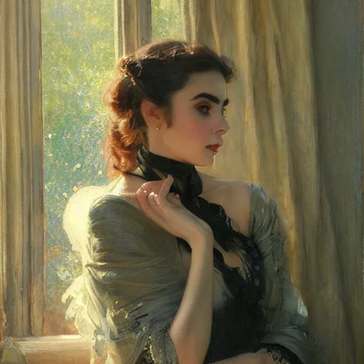 Image similar to detailed portrait of lilly collins in black clothes, spring light, painting by gaston bussiere, craig mullins, j. c. leyendecker