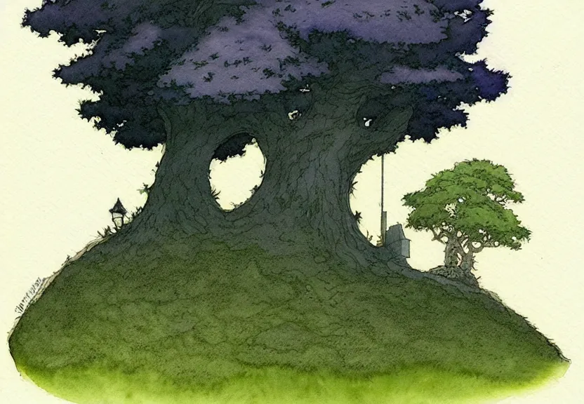 Prompt: a simple watercolor fantasy concept art of a dark grey cube next to a tree at night. by studio ghibli, rebecca guay, michael kaluta, charles vess