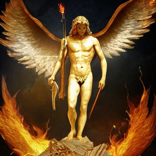 Prompt: Lucifer standing tall invincible over the remains of Heaven, carrying the light of knowledge in his right hand and a flaming sword on the left hand