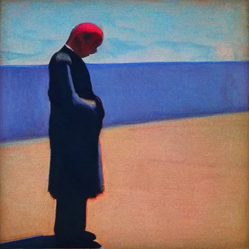 Image similar to “ sad clown in the pose of stanczyk by edward hopper ”