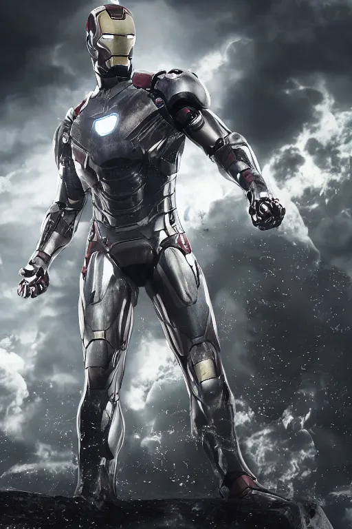 Image similar to ryan reynolds in a silver and black nano technology iron man suit, cinematic, volumetric lighting, f 8 aperture, cinematic eastman 5 3 8 4 film, photorealistic