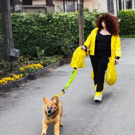 Image similar to latina woman with curly hair is wearing a cyberpunk yellow and black strap flight suit, while walking a yellow shepherd dog down a residential street in a city