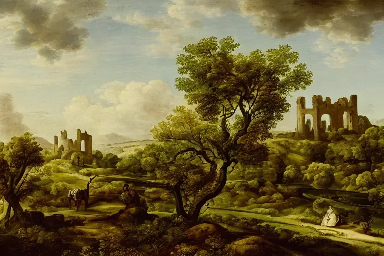 Image similar to pastoral landscape with ruined castle in the background by claud lorrain, french 1 6 0 0 - 1 6 8 2
