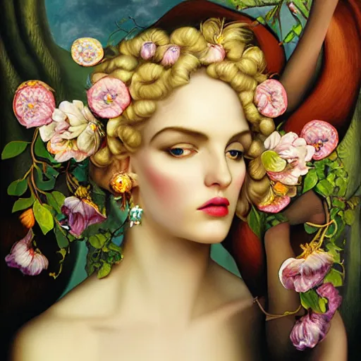 Image similar to dynamic composition, blonde woman with hair of spring flowers and vines wearing ornate earrings, ornate gilded details, pastel colors, a surrealist painting by tom bagshaw and jacek yerga and tamara de lempicka and jesse king, wiccan, pre - raphaelite, featured on cgsociety, pop surrealism, surrealist, dramatic lighting