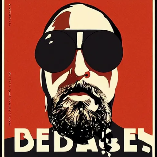 Prompt: The Dude from The Big Lebowski (1998) as a bauhaus poster, Jeff Bridges, long goatee beard, and wearing sunglasses and brown bath robe