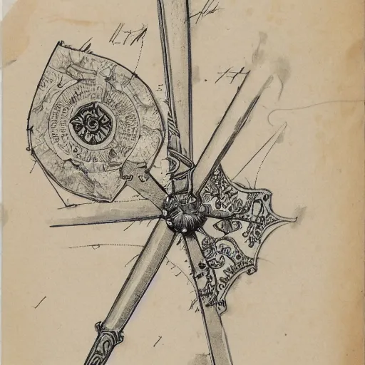 Prompt: technical drawing of a cursed rapier, weapon design, flower adorned, delicate, detailed map, notes, scribbles, old paper