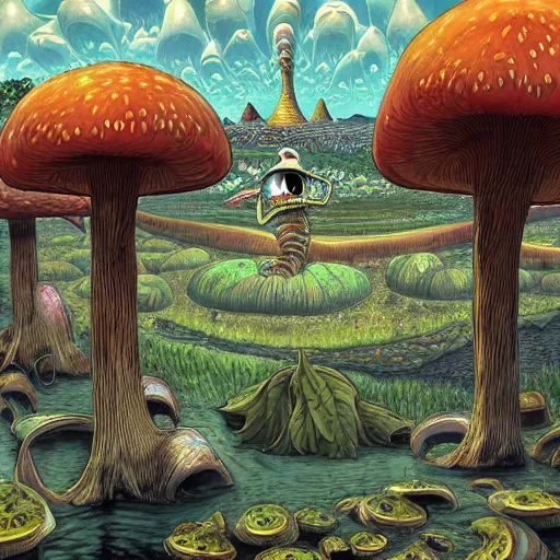 Image similar to A centered waist up portrait of a scary psychedelic godlike anthropomorphic frog smoking tobacco , magic mushroom village in background . award winning. superb resolution. in the art style of junji Ito and greg rutkowski . Detailed Mushroom city in background. Hyper realistic anime. Perfect art. Dalle2