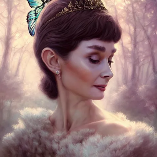 Prompt: audrey hepburn as a winged fairy in a fantasy forest, various backgrounds, highly detailed, digital painting, artstation, matte, illustration, art by artgerm, greg rutkowski, tom bagshaw