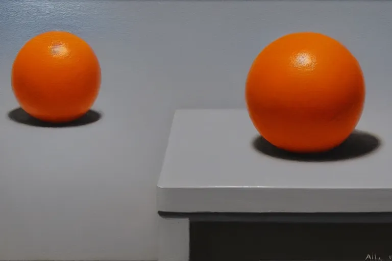 Prompt: An oil painting of an orange sphere on top of a blue cube sitting on a white table, dramatic lighting, hyper-realistic, extremely high detail, artstation