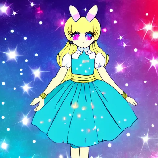 Image similar to usagi chan in a kawaii dress magical girl with star poster background