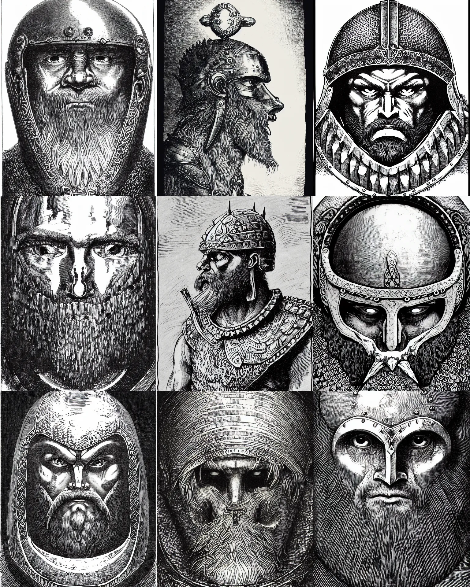 Prompt: detailed circle shape of beared viking wearing a bone armor, front face symmetrical, fish eye lens, white background, trending on artstation, by gustave dore kentaro miura, black ink