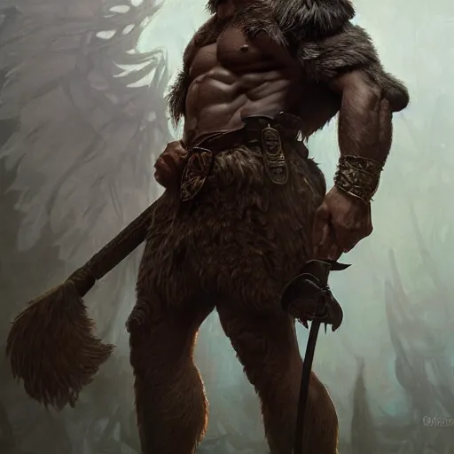 Image similar to portrait of a gruff ranger, muscular, upper body, hairy chest, D&D, fantasy, intricate, elegant, highly detailed, digital painting, artstation, concept art, matte, sharp focus, illustration, art by Artgerm and Greg Rutkowski and Alphonse Mucha