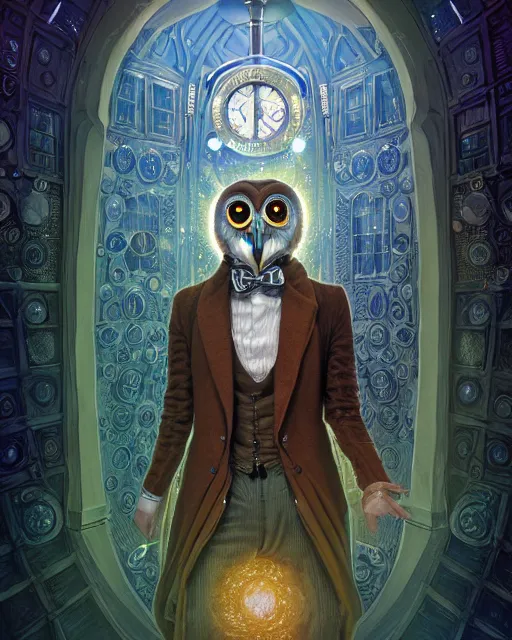 Prompt: anthropomorphic art of a timelord owl inside tardis, victorian inspired clothing by artgerm, victo ngai, ryohei hase, artstation. fractal papersand books. highly detailed digital painting, smooth, global illumination, fantasy art by greg rutkowsky, karl spitzweg, doctor who