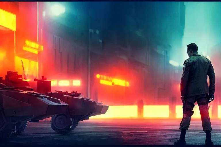 Prompt: vfx film, blade runner 2 0 4 9 futuristic soldiers shoot at enemy robots futuristic war, battlefield war zone, shootout, flat color profile low - key lighting award winning photography arri alexa cinematography, big crowd, hyper real photorealistic cinematic beautiful, atmospheric cool colorgrade