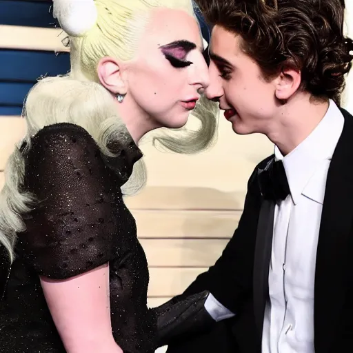 Image similar to timothee chalamet and lady gaga meet eachother, highly beautiful faces, highly detailed