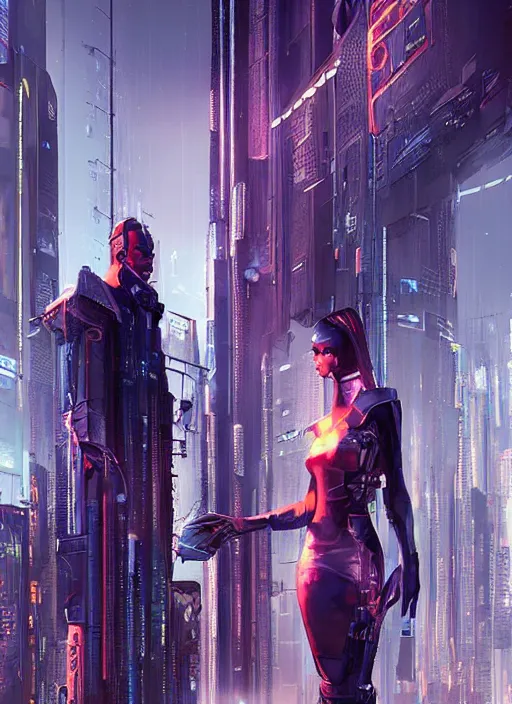 Image similar to a couple of people standing next to each other, cyberpunk art by Stephan Martinière, cgsociety, retro futurism, dystopian art, official art, futuristic