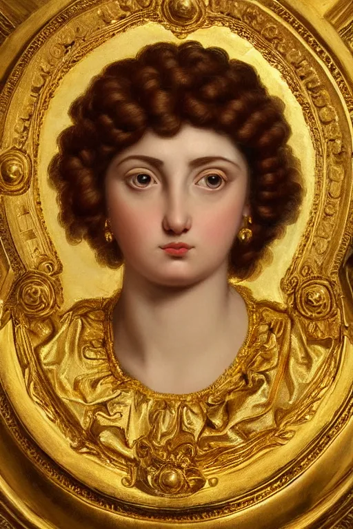 Image similar to Ruth, face closeup, ultra detailed, gold, dressed in roman clothes, ultra detailed, art by Guido Reni style