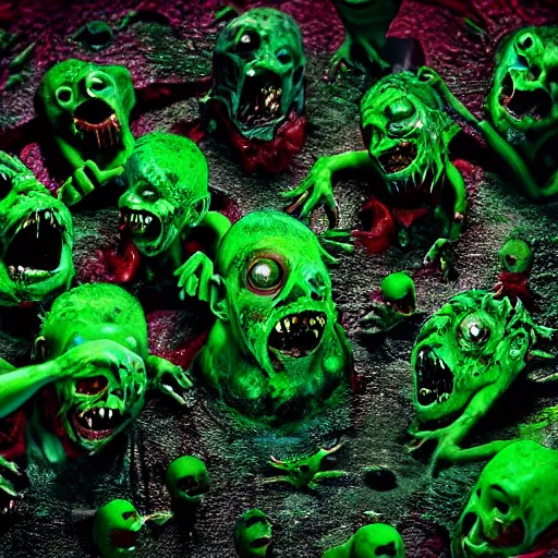 Image similar to zombie creatures in green liquid, green oozing pool pit, cinematic lighting, various refining methods, micro macro autofocus, ultra definition, award winning photo