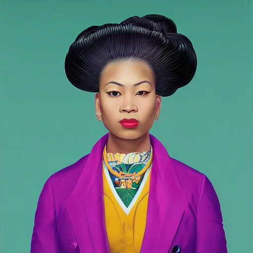 Prompt: three quarter close up portrait painting of a young asian woman with a mohawk, purple lips, white background, by kehinde wiley, kadir nelson