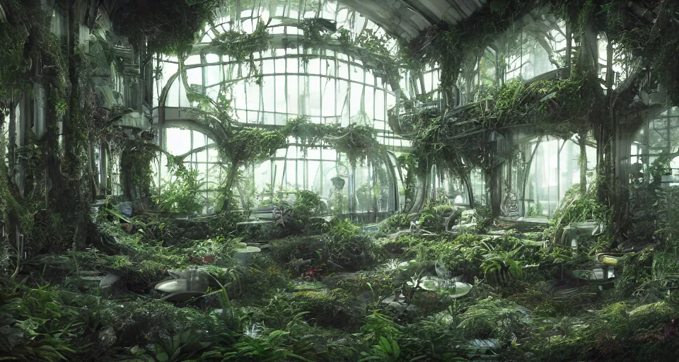 Prompt: inside a spaceship living quarters overgrown with plant life and ivy, artgerm, yoshitaka amano, gothic interior, 8 k, octane render, unreal engine