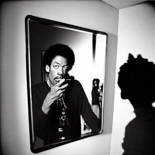 Prompt: film photo of jimmy hendrix taking a self portrait in a hotel room mirror, old photo, disposable camera