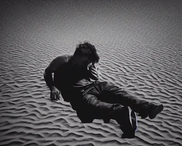 Prompt: a man sinks into the ground of a sandy desert after bleeding out from fatal wounds from razer wire, volumetric foggy