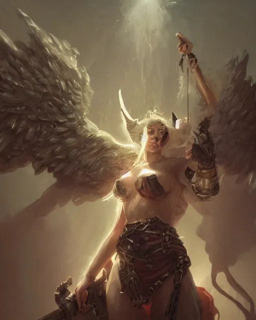 Prompt: Cow Angel , D&D, artstation, fantasy, magic the gathering artwork, cinematic lighting, centered, symmetrical, highly detailed, digital painting, , concept art, smooth, sharp focus, illustration, volumetric lighting, epic Composition, 8k, art by Akihiko Yoshida and Greg Rutkowski and Craig Mullins, oil painting, cgsociety