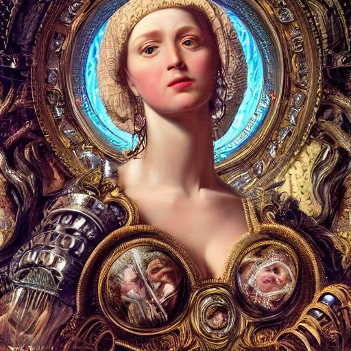 Prompt: renaissance oil painting, very beautiful woman integrating with technology, full face frontal centered, portrait, insipiring, detailed intricate ornate cables connected to head, big open electric eyes, luxurious detailed abundent wiring and implants, diamonds, sci-fi, neon, emeralds, detailed technology full background, highly detailed, artstation, Rene Lalique and Eddie Mendoza and Gil Elvgren