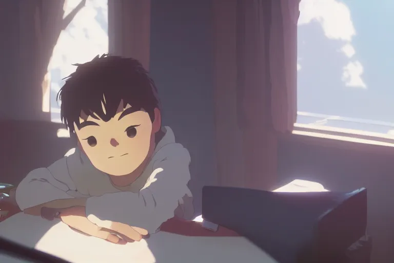 Prompt: a sleepy boy in front of a computer, medium shot, waist up, studio ghibli, pixar and disney animation, sharp, rendered in unreal engine 5, anime key art by greg rutkowski, bloom, dramatic lighting