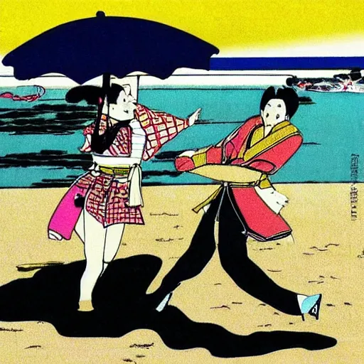 Image similar to Beautiful Japanese woman running from an old samurai on the beach Toshio Saeki, high detailed