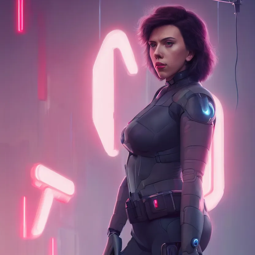 Image similar to 3 / 4 portrait, scarlett johansson as major mira killian from ghost in a shell, night, crop top, beautiful, in a modern city, neon signs, jewelry, artstation, william bouguereau, rossdraws, greg rutkowski, super detailed, realistic, octane render, volumetric, cinematic, 8 k