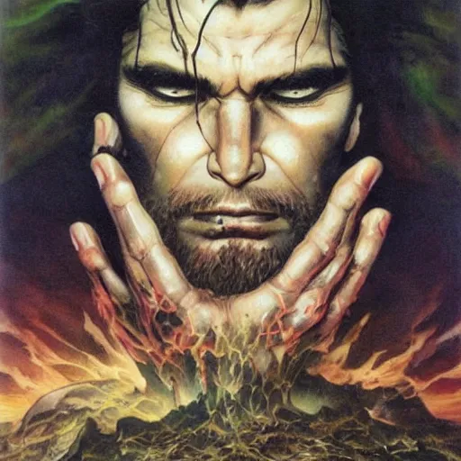 Image similar to tears stream down the face of a man with light brown hair and green eyes. He clutches the ground in agony. By Ayami Kojima, Frank Frazetta, and Anna Dittmann. Masterpiece. Rule of thirds.