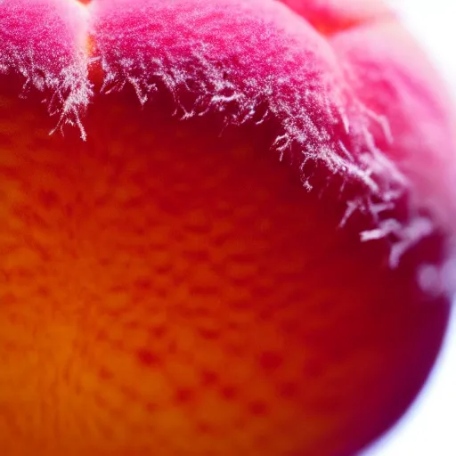 Image similar to a macro photo of a round peach's dry hairy skin, hyper realistic, hyper detailed, 35mm, very grainy film, pink volumetric studio lighting, bokeh, black background award winning shot, vogue magazine, cinematic, 8k, very closeup, elegant, tender, pastel