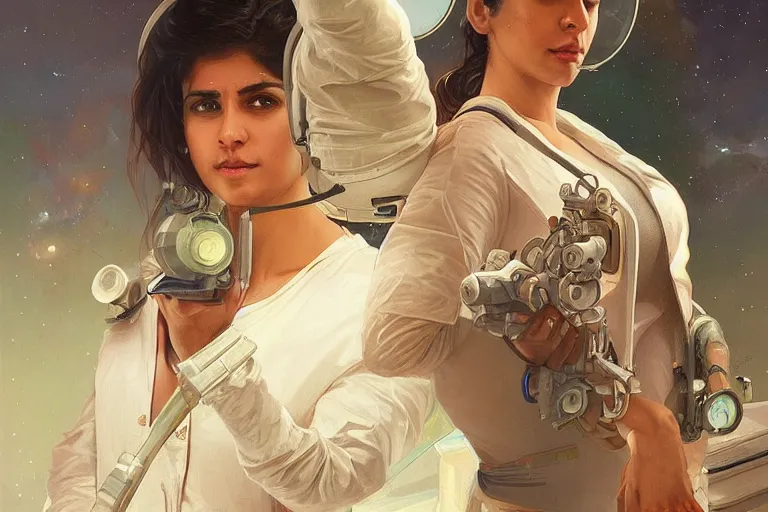 Prompt: Exhausted good looking pale young Indian doctors wearing jeans in a space station above Earth performing surgery, portrait, elegant, intricate, digital painting, artstation, concept art, smooth, sharp focus, illustration, art by artgerm and greg rutkowski and alphonse mucha