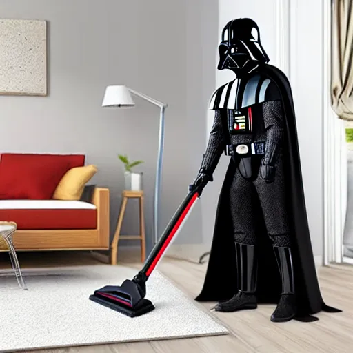 Image similar to Darth Vader vacuuming the house, photo realistic, award-winning, highly-detailed