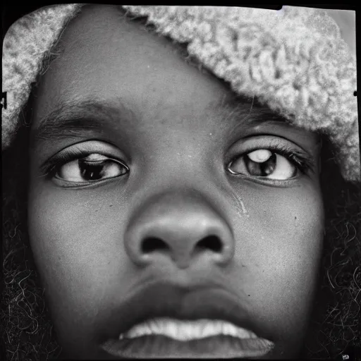 Prompt: portrait, extreme close up, sepia, teenager light - skin girl, afro hair, stares at the camera, night sky, stars, bruce gilden, leica s, fuji 8 0 0, grainy, low light