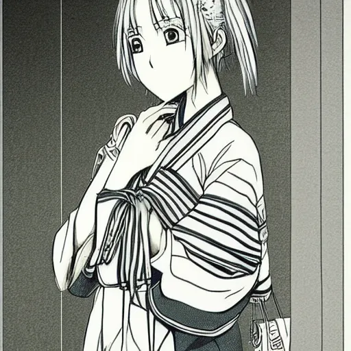 Image similar to “Detailed manga art of a beautiful Japanese girl holding a knife; loving expression; school uniform; high contrast; clean, sharp”