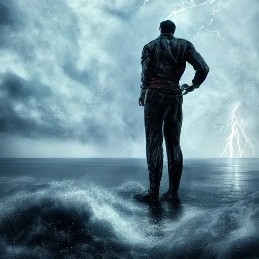 Prompt: a giant man, standing over violent stormy waters, massive electrical storm clouds in the sky, dark night, digital art, cinematic, hd, trending on artstation