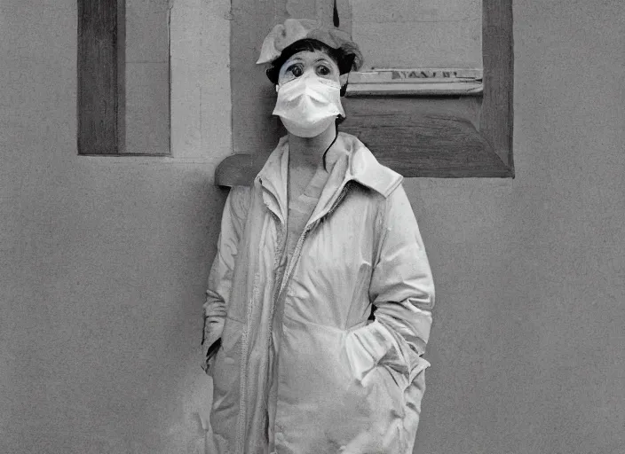 Prompt: cinematic mid shot of a high detail, vivian dorothy maier, with surgical mask. where's wally, line drawing by van gogh