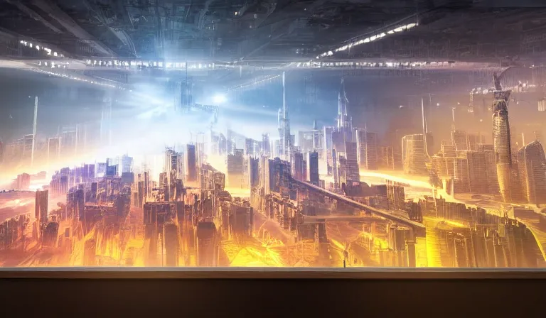 Image similar to large group people in simple warehouse, looking at hologram of futuristic city on a table, cinematic concept art, godrays, golden hour, natural sunlight, 4 k, clear details, tabletop model buildings, center model buildings, hologram center, crane shot, crane shot, crane shot