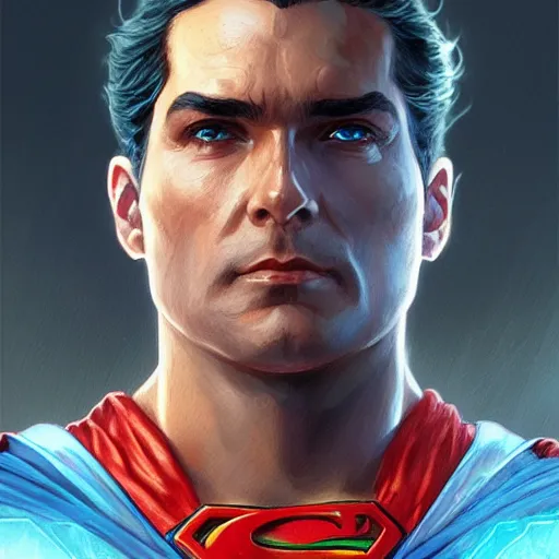 Image similar to [Riff Raff as Superman, closeup, D&D, intricate, elegant, highly detailed, digital painting, artstation, concept art, matte, sharp focus, illustration, art by Artgerm and Greg Rutkowski and Alphonse Mucha]