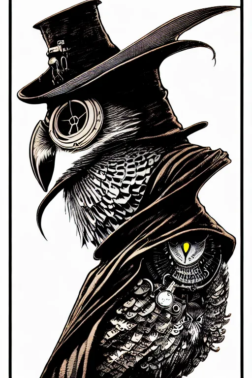 Image similar to side view of majestic steampunk anthropomorphic owl man alchemist cloaked wizard, high details, bold line art, by vincent di fate and joe fenton, inking, etching, screen print, masterpiece, trending on artstation, sharp, high contrast, hyper - detailed,, hd, 4 k, 8 k