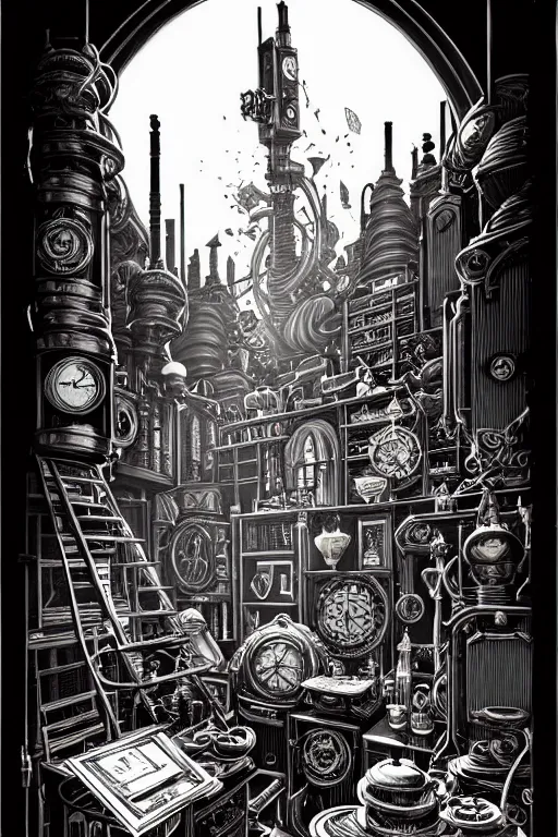 Image similar to a majestic steampunk alchemists bookshelf, two point perspective, furniture, high details, bold line art, by vincent di fate and joe fenton, inking, etching, screen print, masterpiece, trending on artstation, sharp, high contrast, hyper - detailed,, hd, 4 k, 8 k