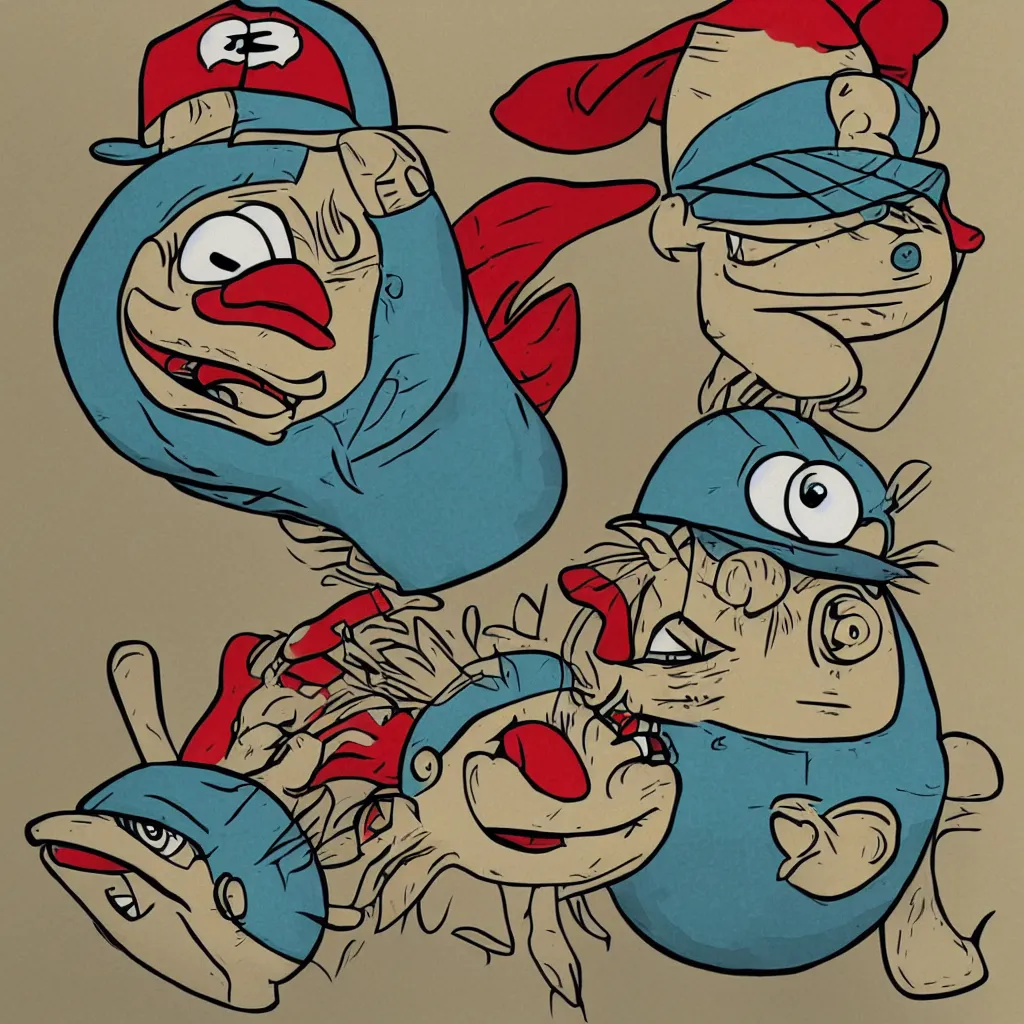 Prompt: A comic style drawing of a blowfish wearing a trucker hat by Asaf Hanuka