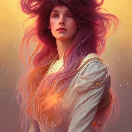 Image similar to aurora, girl with super long hair, hair becoming bright stars, intricate, highly detailed, digital painting, artstation, concept art, smooth, sharp focus, illustration, unreal engine 5, 8 k, art by artgerm and greg rutkowski and alphonse mucha